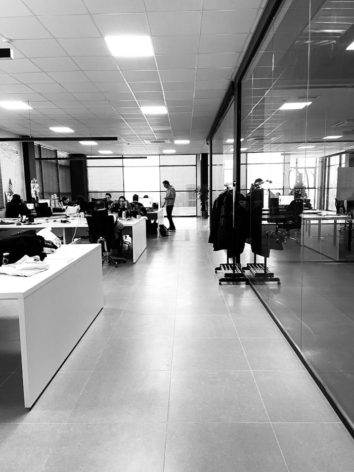 Black and white of anonymous employees working together in modern office with glass walls